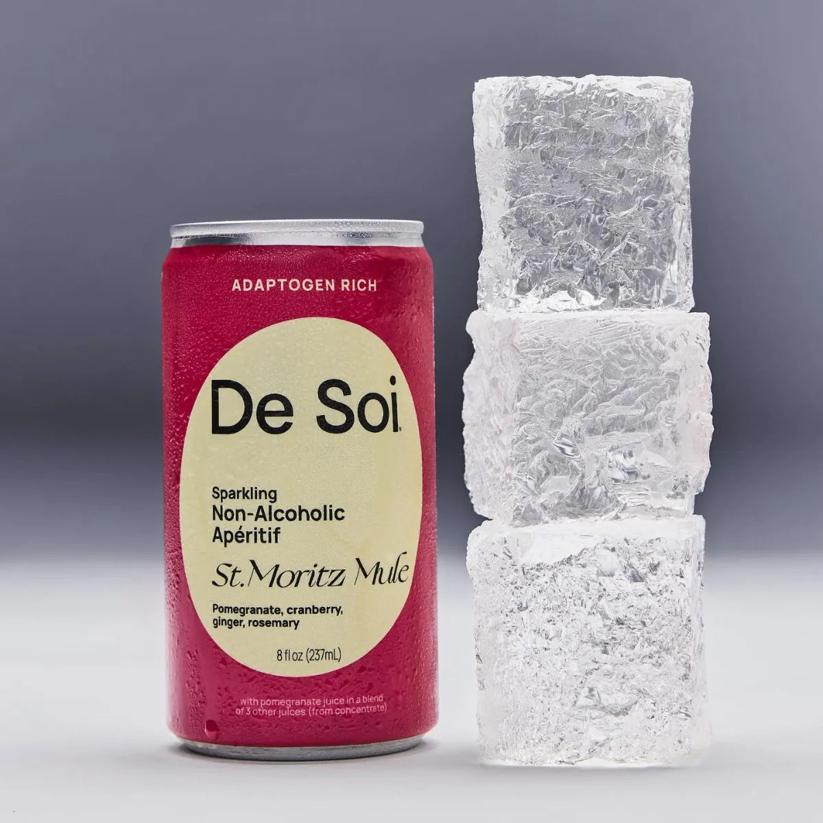 De Soi St. Moritz Mule non-alcoholic apéritif can beside a stack of ice cubes.