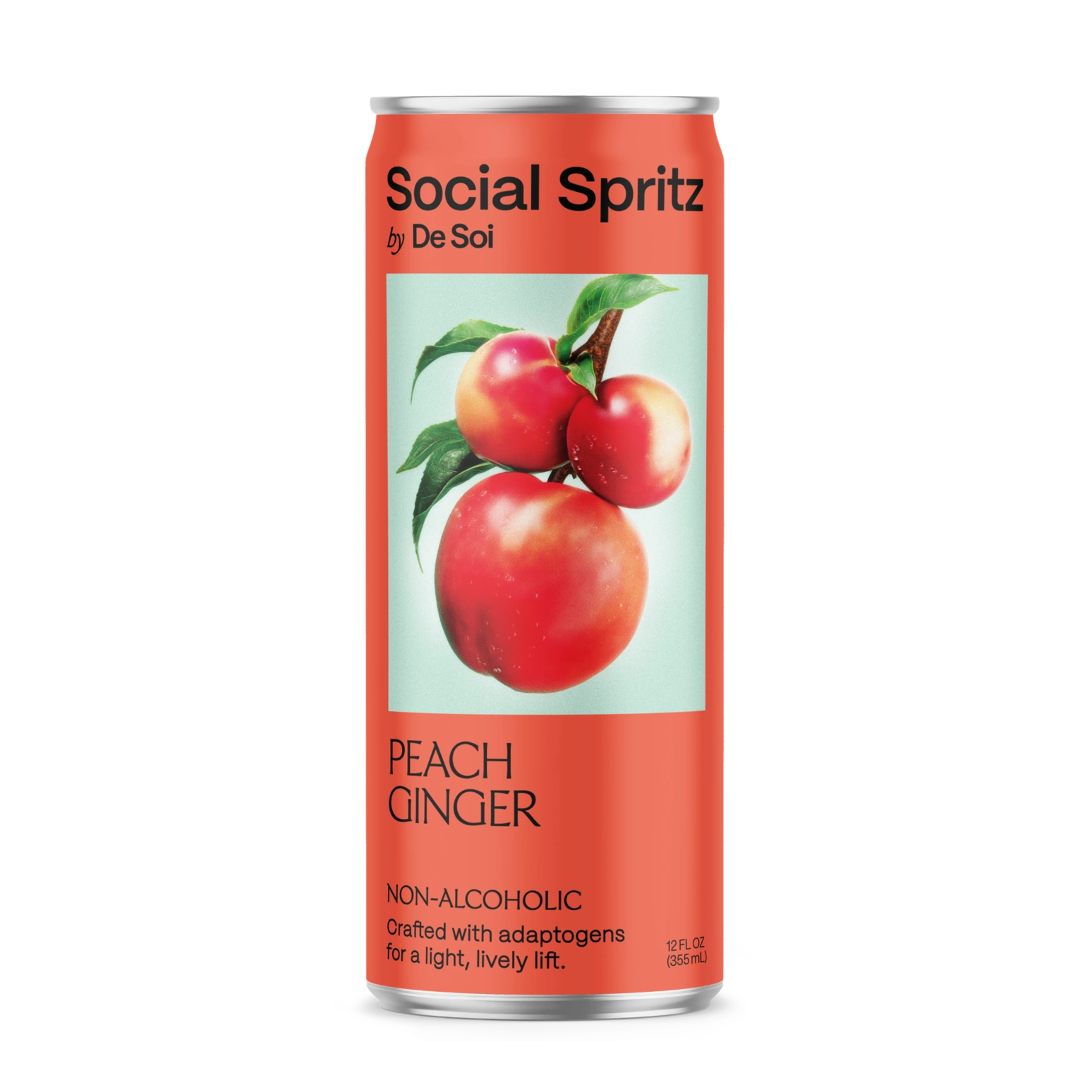 A can of Social Spritz by De Soi in Peach Ginger, a non-alcoholic adaptogen drink, with ripe peaches on a mint green background.