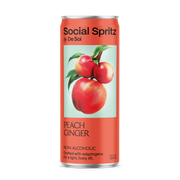 A can of Social Spritz by De Soi in Peach Ginger, a non-alcoholic adaptogen drink, with ripe peaches on a mint green background.