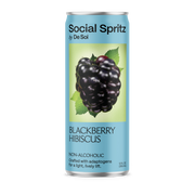 Social Spritz by De Soi Blackberry Hibiscus, a non-alcoholic adaptogen drink in a can showing a ripe blackberry on a green background.