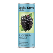 Social Spritz by De Soi Blackberry Hibiscus, a non-alcoholic adaptogen drink in a can showing a ripe blackberry on a green background.