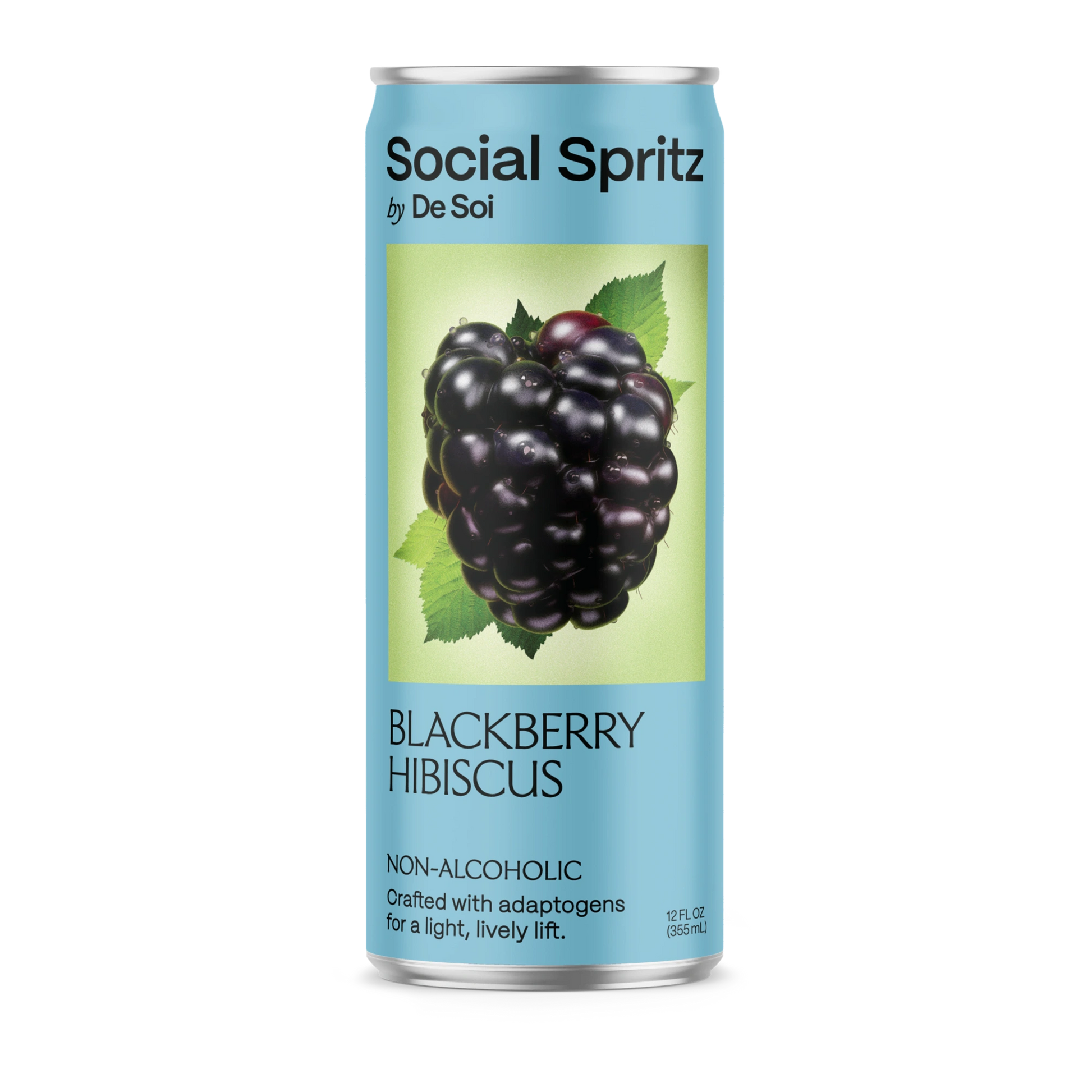 Social Spritz by De Soi Blackberry Hibiscus, a non-alcoholic adaptogen drink in a can showing a ripe blackberry on a green background.