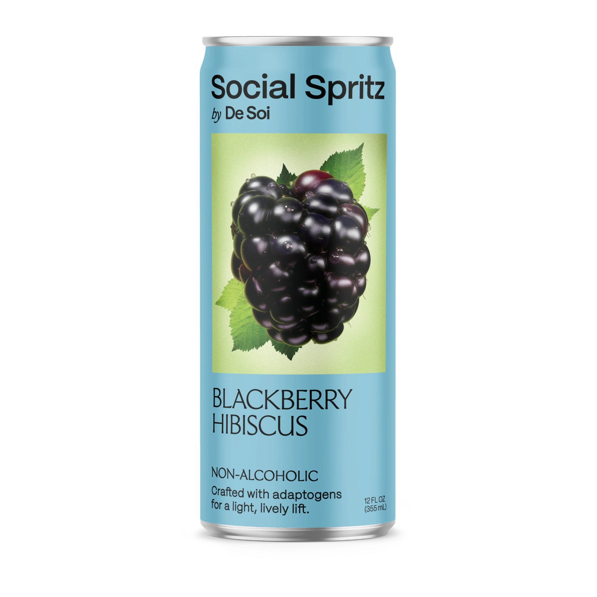 Social Spritz by De Soi Blackberry Hibiscus, a non-alcoholic adaptogen drink in a can showing a ripe blackberry on a green background.
