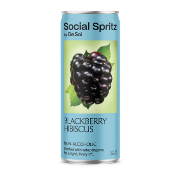 Social Spritz by De Soi Blackberry Hibiscus, a non-alcoholic adaptogen drink in a can showing a ripe blackberry on a green background.