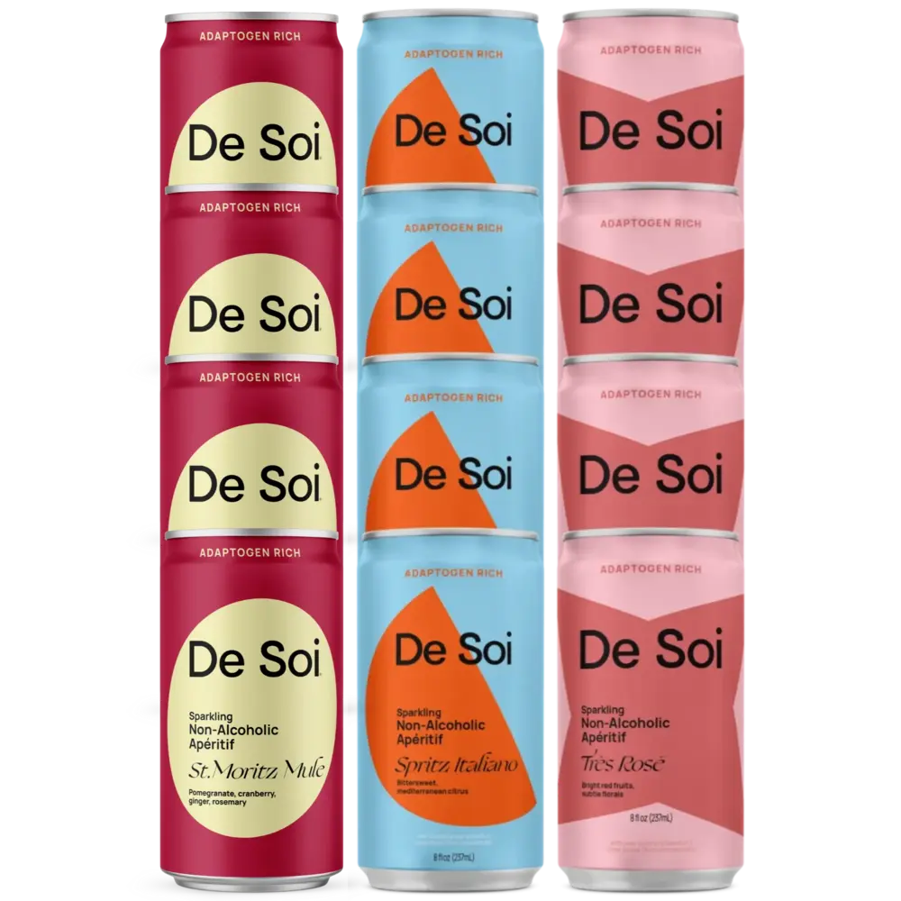 De Soi Après Spritz Trio bundle with four St. Moritz Mule, four Spritz Italiano, and four Très Rosé non-alcoholic aperitif cans.