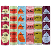 Non-alcoholic cocktail variety pack with six flavors in colorful stacked 8 oz cans