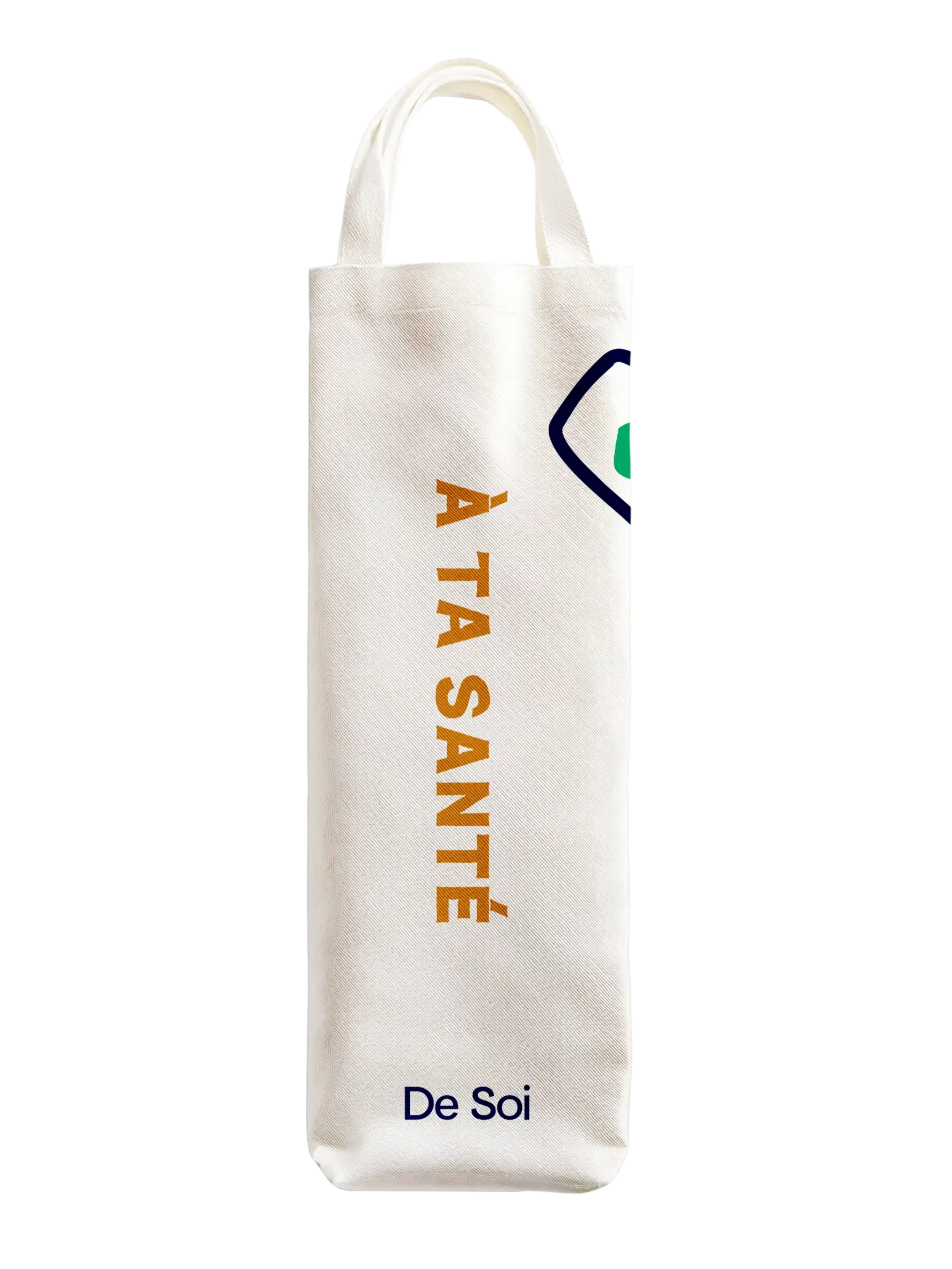 Cream canvas De Soi wine tote bag printed with orange "À Ta Santé" text.