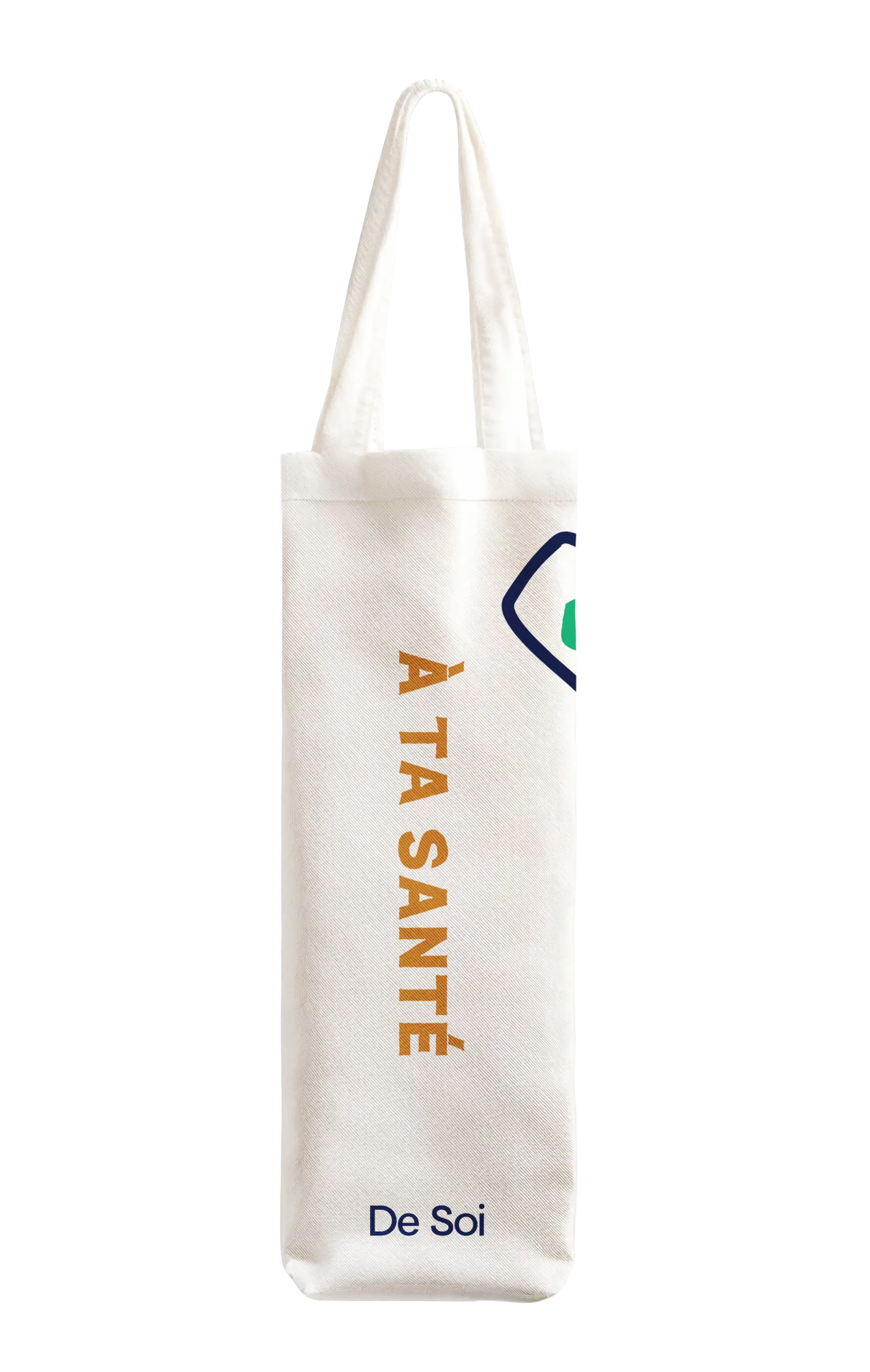 De Soi canvas wine tote bag with orange À Ta Santé text and long handles.