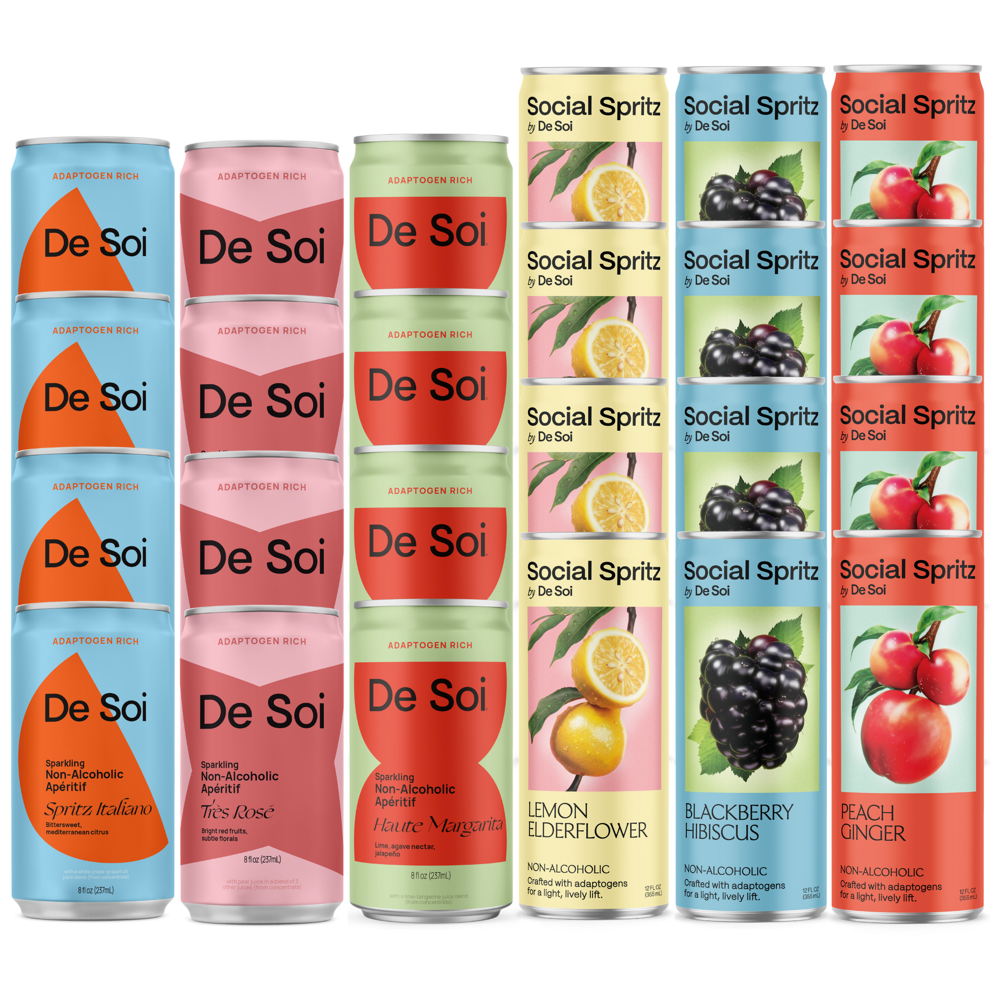 De Soi Mixed Party Pack with non-alcoholic aperitif and Social Spritz adaptogen cans.