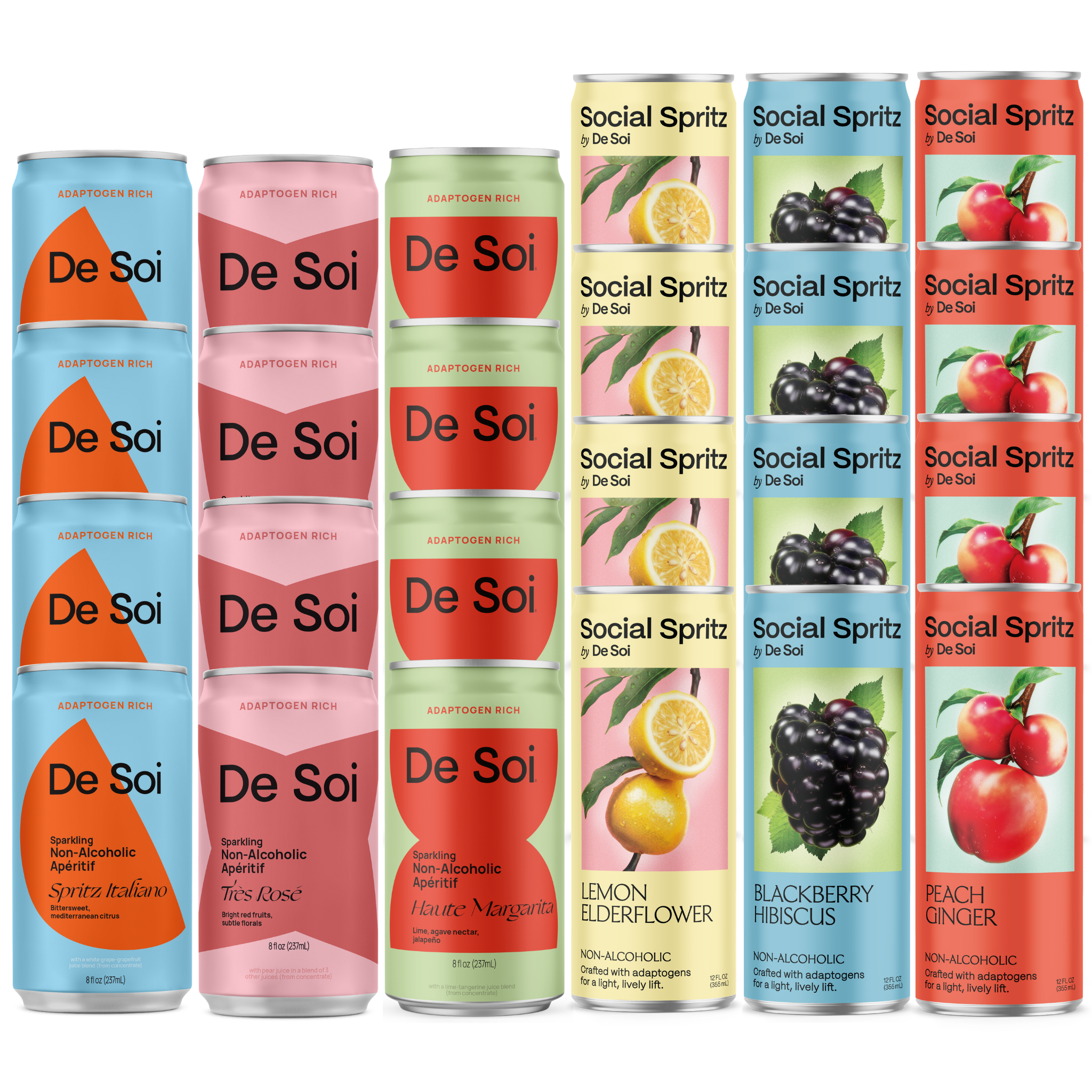 De Soi Mixed Party Pack with non-alcoholic aperitif and Social Spritz adaptogen cans.