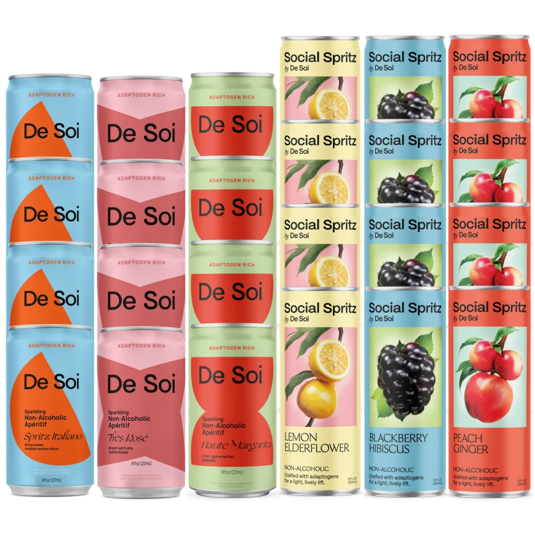 De Soi Mixed Party Pack with non-alcoholic aperitif and Social Spritz adaptogen cans.