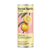 Social Spritz by De Soi Lemon Elderflower, a non-alcoholic adaptogen drink in a can showing fresh lemons on a pink background.