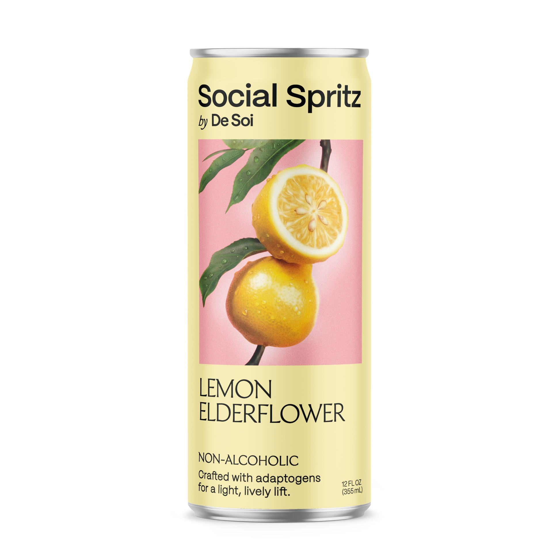 Social Spritz by De Soi Lemon Elderflower, a non-alcoholic adaptogen drink in a can showing fresh lemons on a pink background.