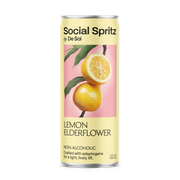 Social Spritz by De Soi Lemon Elderflower, a non-alcoholic adaptogen drink in a can showing fresh lemons on a pink background.
