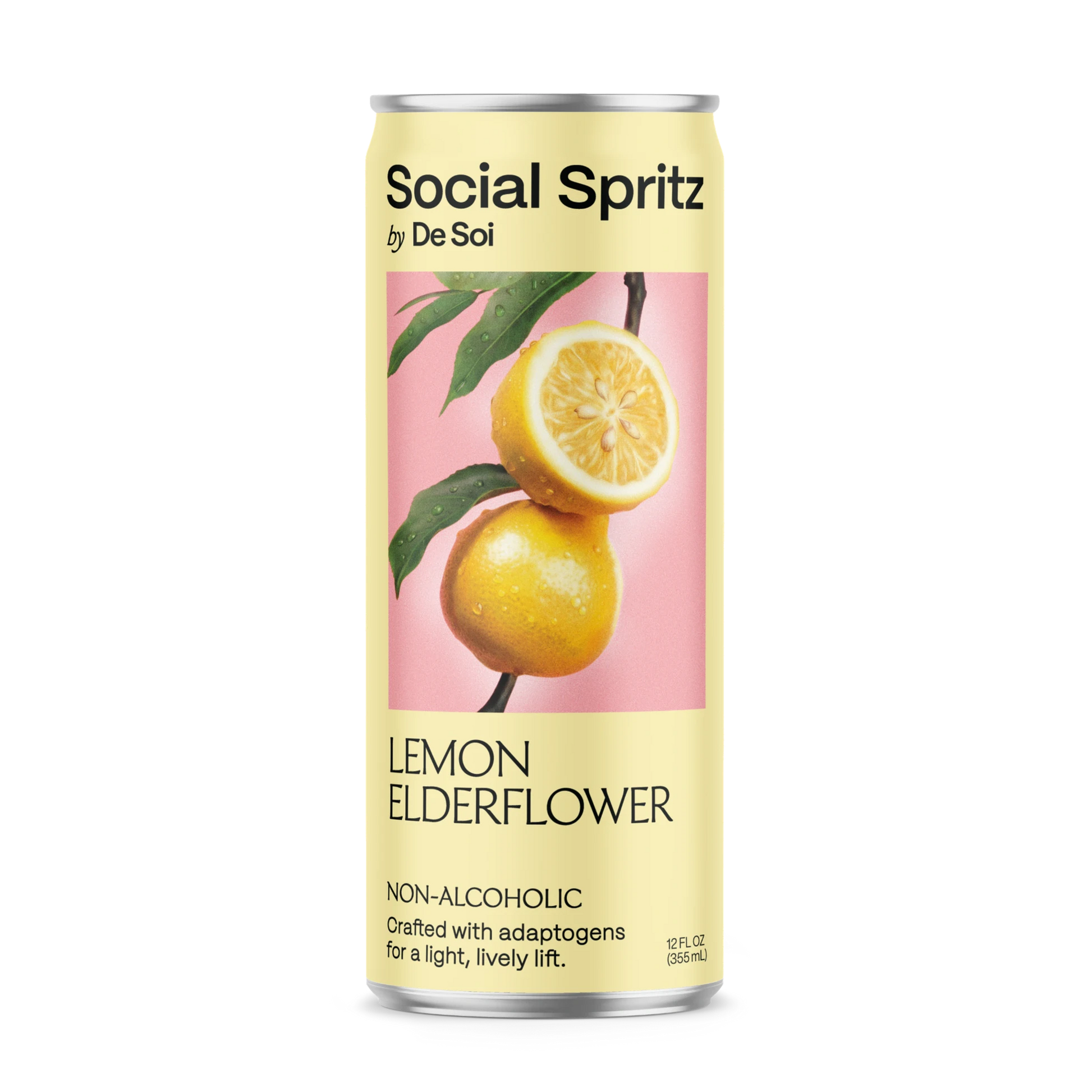 Social Spritz by De Soi Lemon Elderflower, a non-alcoholic adaptogen drink in a can showing fresh lemons on a pink background.