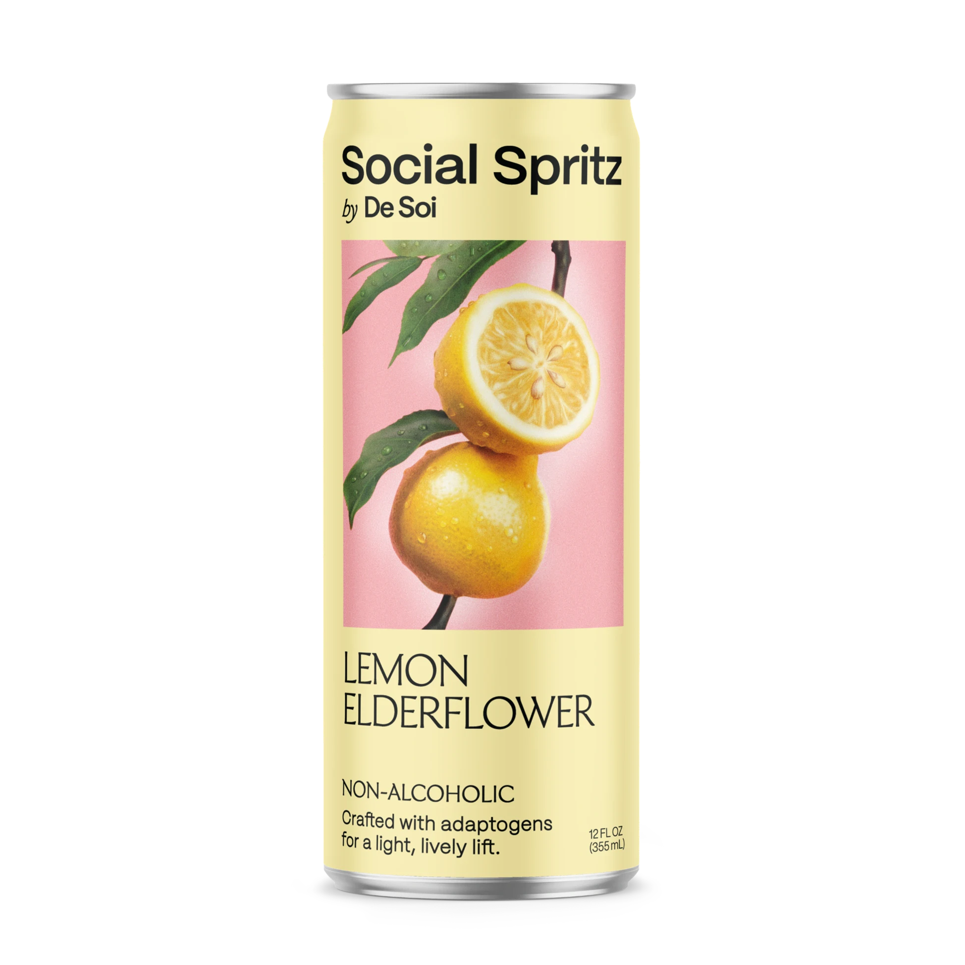 Social Spritz by De Soi Lemon Elderflower, a non-alcoholic adaptogen drink in a can showing fresh lemons on a pink background.