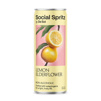 Social Spritz by De Soi Lemon Elderflower, a non-alcoholic adaptogen drink in a can showing fresh lemons on a pink background.