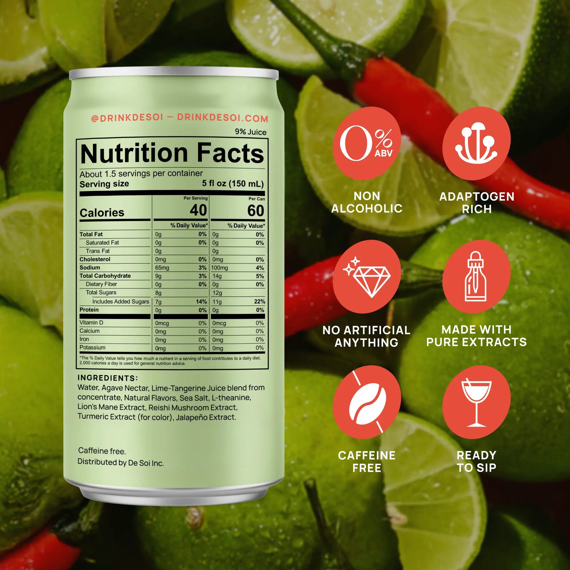 De Soi Haute Margarita can displaying nutrition facts, ingredients, and icons for non-alcoholic, adaptogen rich, and caffeine free on a lime and chili pepper background.