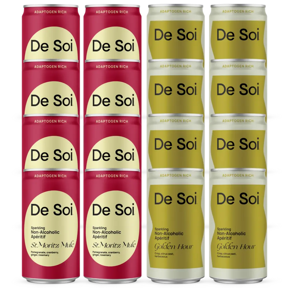 De Soi Mule Duo featuring four St. Moritz Mule red cans and four Golden Hour olive green cans side by side.