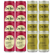 De Soi Mule Duo featuring four St. Moritz Mule red cans and four Golden Hour olive green cans side by side.