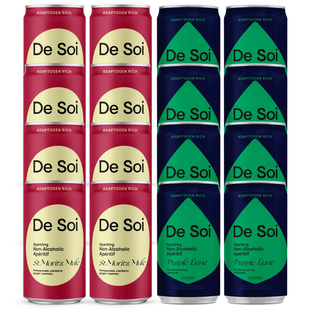 De Soi Nightcap Bundle featuring four St. Moritz Mule red cans and four Purple Lune dark green cans side by side.