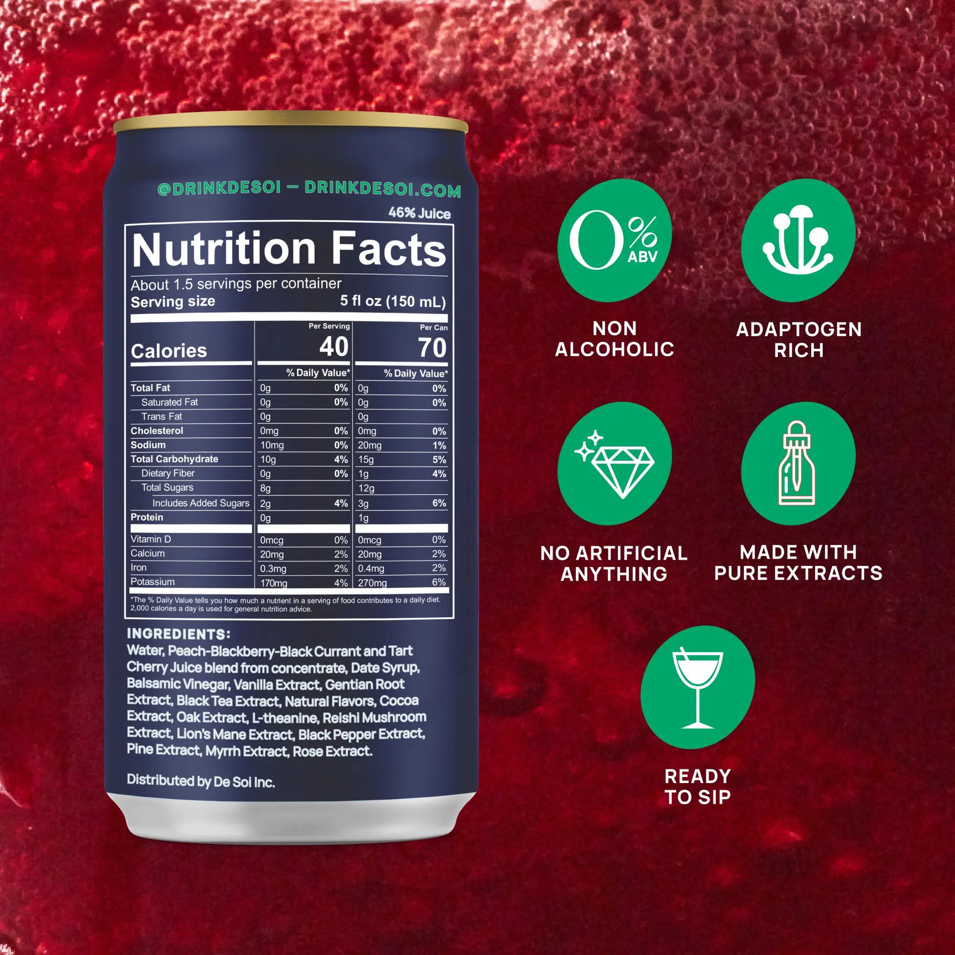 De Soi Purple Lune can displaying nutrition facts, ingredients, and icons for non-alcoholic, adaptogen rich, and no artificial ingredients.