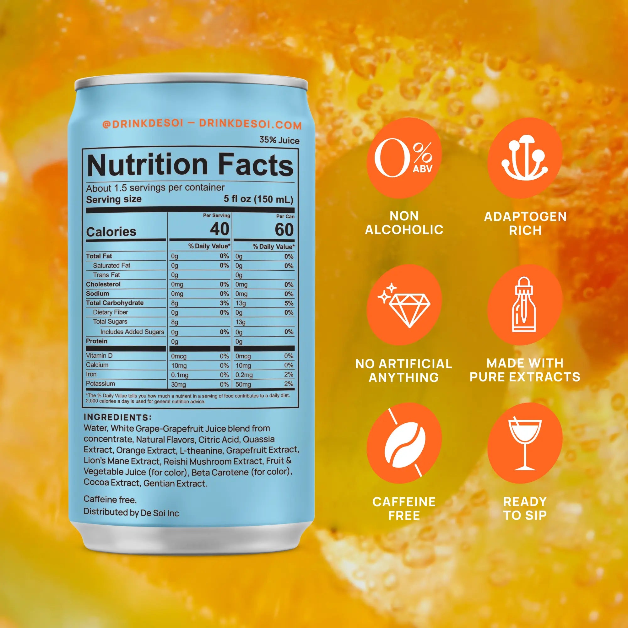 De Soi Spritz Italiano can displaying nutrition facts, ingredients, and benefit icons on a fresh orange citrus background.