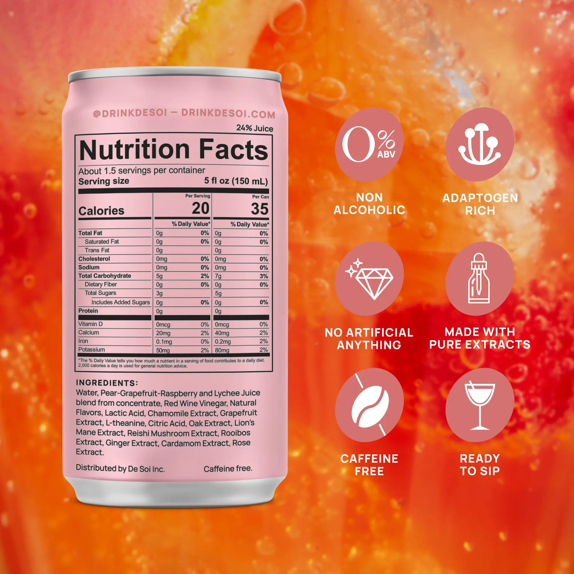 De Soi Très Rosé can showing nutrition facts, ingredients, and benefit icons on a sparkling rosé background.