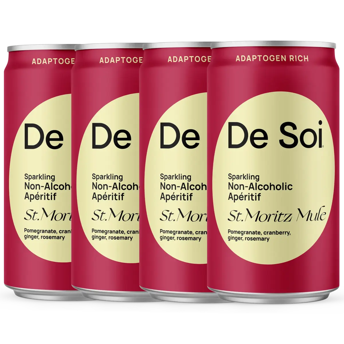 De Soi St. Moritz Mule four-pack of burgundy red non-alcoholic aperitif cans on a white background.