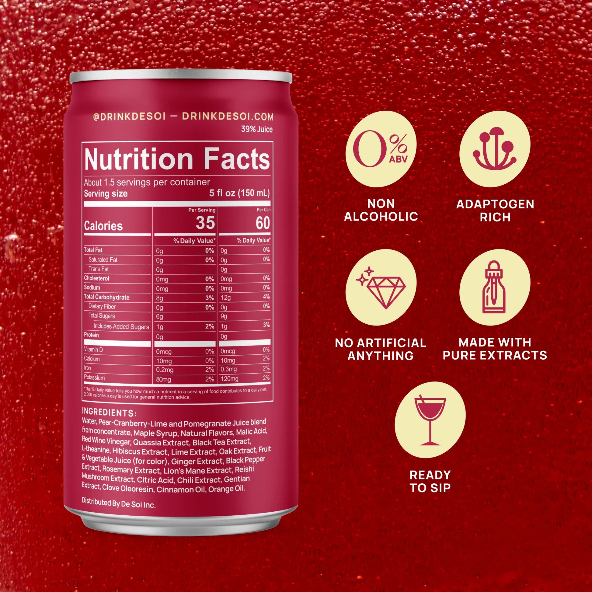 De Soi St. Moritz Mule can displaying nutrition facts, ingredients, and benefit icons on a deep cranberry red background.