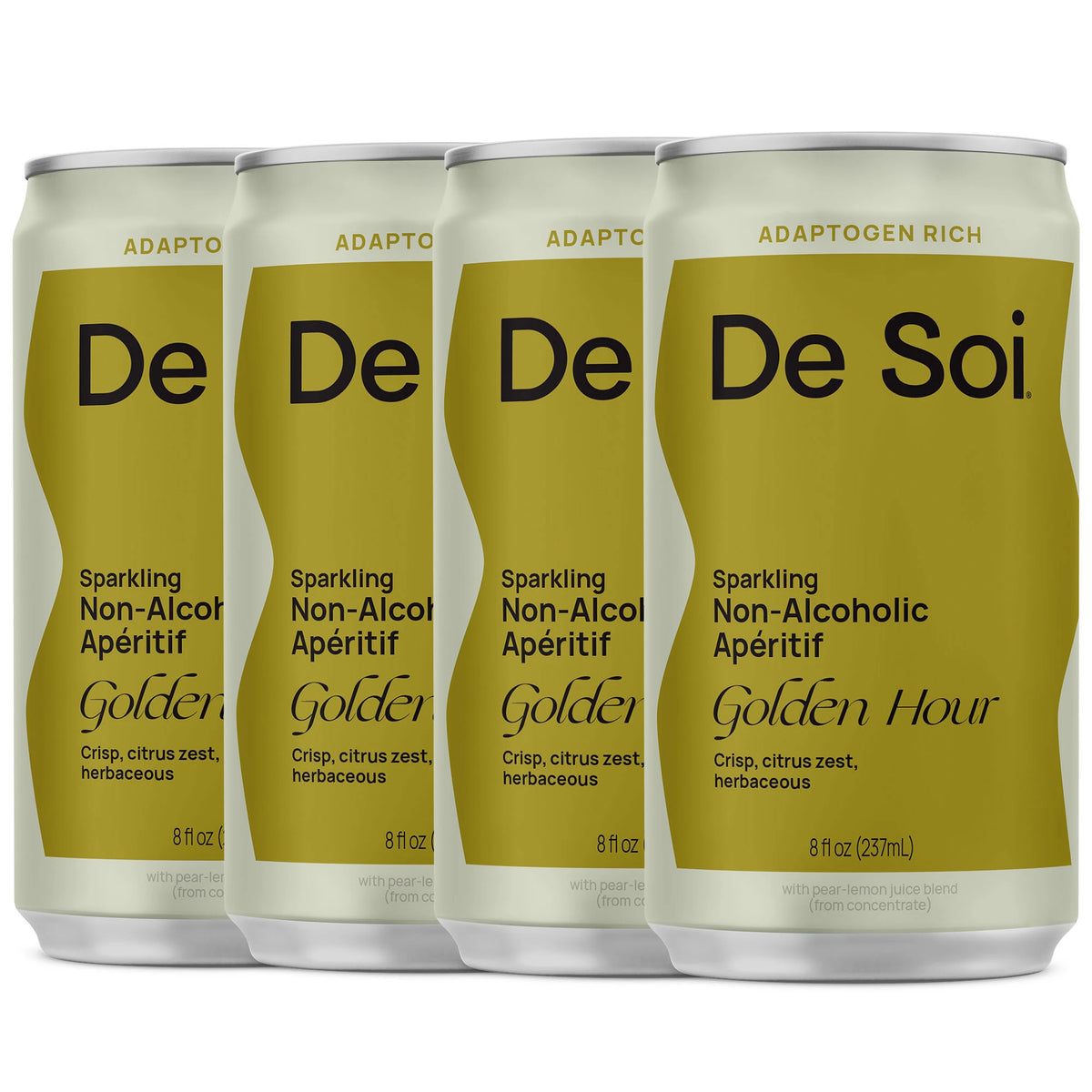 De Soi Golden Hour sparkling non-alcoholic aperitif, four adaptogen-rich 8 fl oz cans lined up.