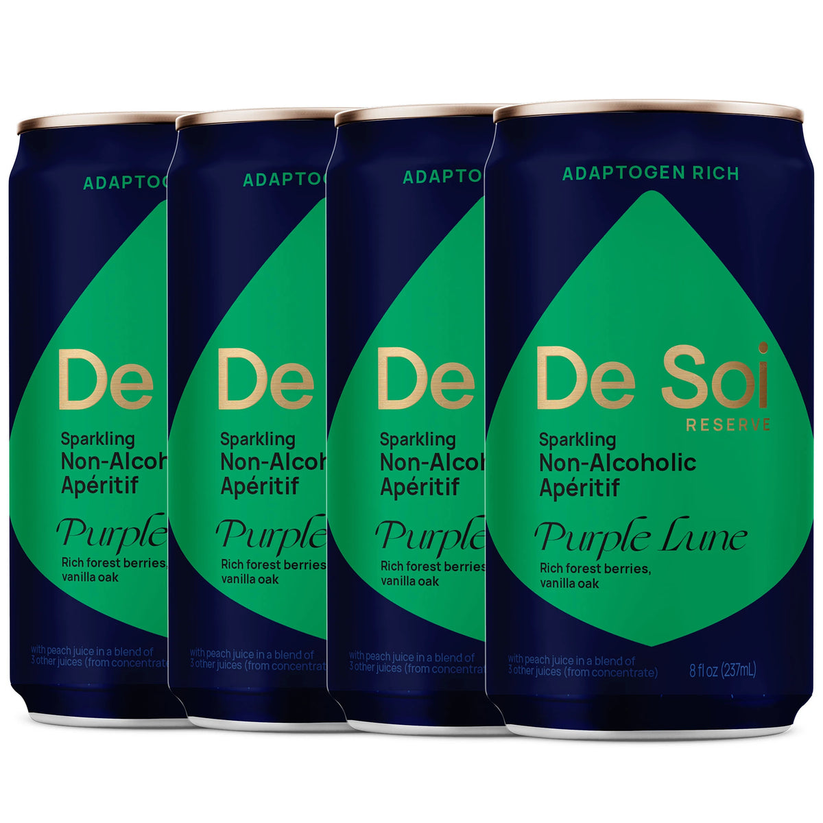 De Soi Purple Lune sparkling non-alcoholic aperitif, four-pack of adaptogen-rich 8 oz cans.