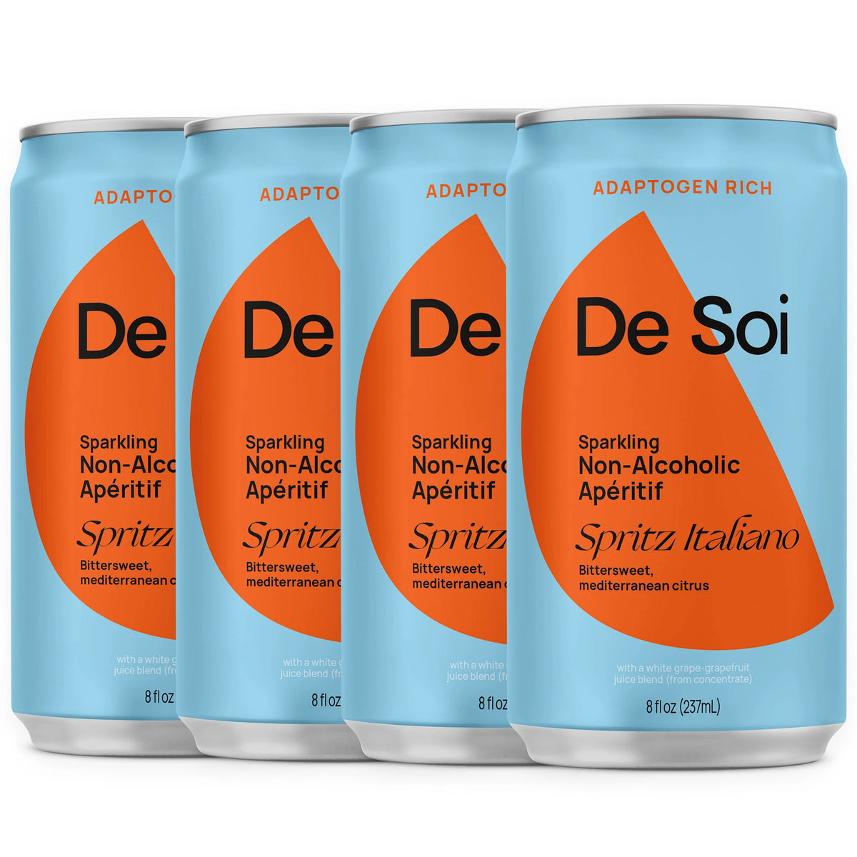De Soi Spritz Italiano four-pack of sparkling non-alcoholic adaptogen aperitif cans.