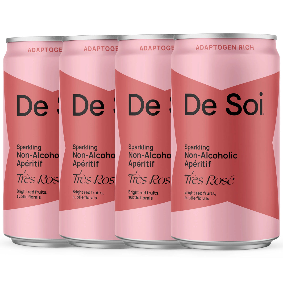 De Soi Très Rosé sparkling non-alcoholic aperitif, four-pack of adaptogen-rich pink cans.