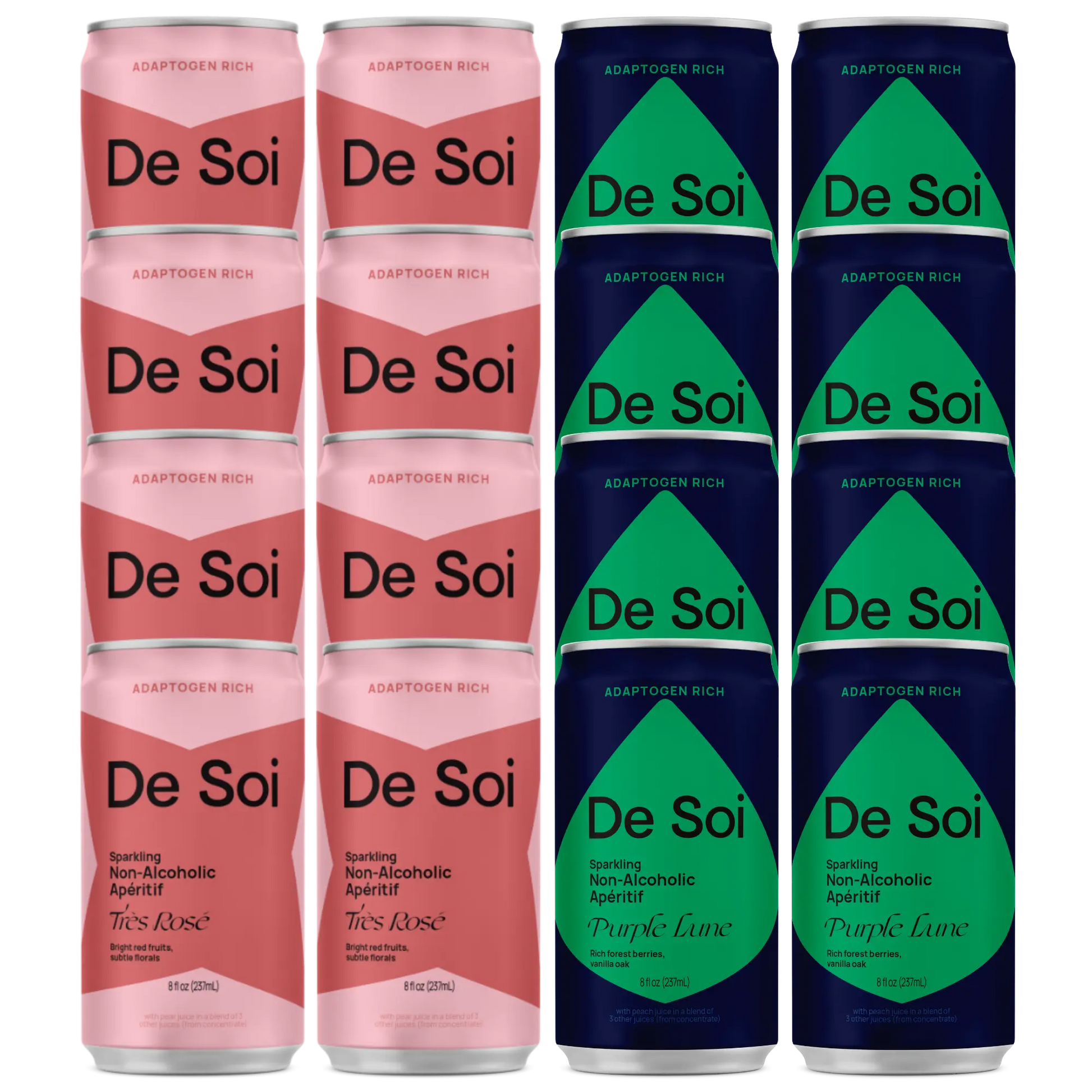 De Soi Wine Night Duo featuring four Très Rosé pink cans and four Purple Lune dark blue cans arranged in a two-by-two grid.