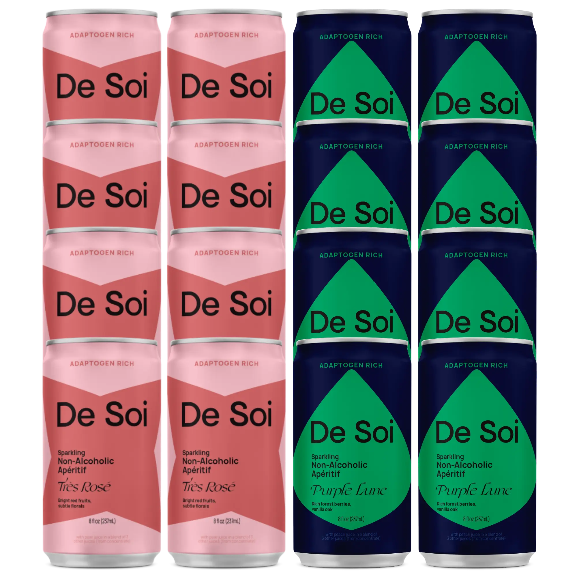 De Soi Wine Night Duo featuring four Très Rosé pink cans and four Purple Lune dark blue cans arranged in a two-by-two grid.